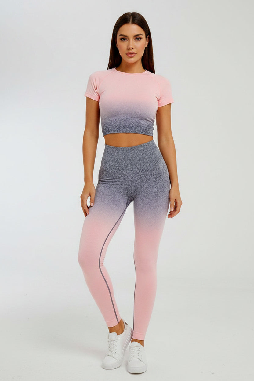 Tuta sportiva da donna a manica corta sfumata, abbigliamento da palestra senza cuciture per Donna