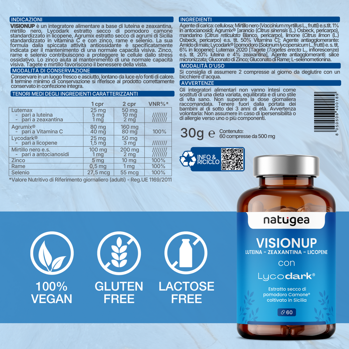 Integratore per la Vista con Luteina, Zinco e Vitamina C – Licopene da Pomodoro Camone e Mirtillo Nero – 60 Compresse