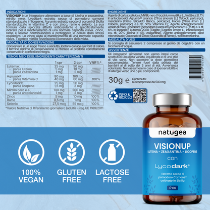 Integratore per la Vista con Luteina, Zinco e Vitamina C – Licopene da Pomodoro Camone e Mirtillo Nero – 60 Compresse