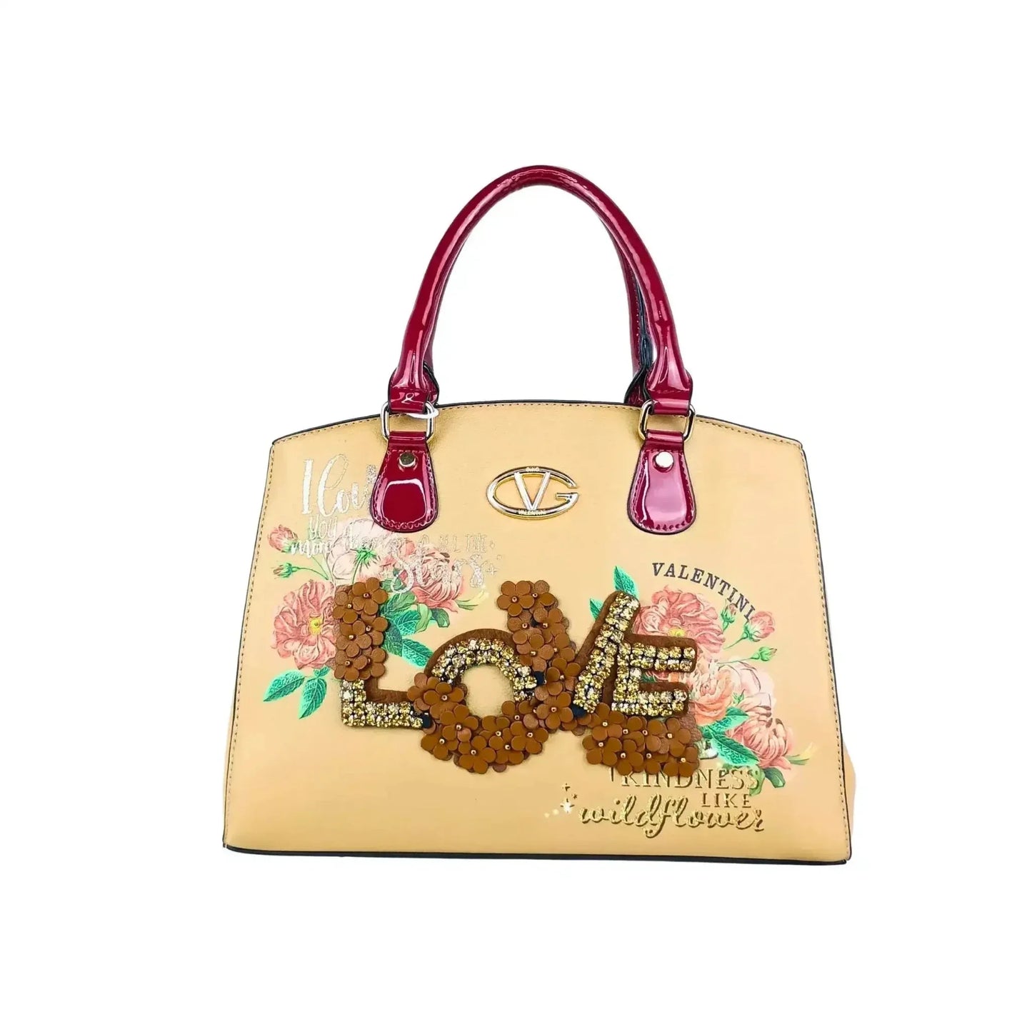 Valentini Borsa Tote in Ecopelle con Ricamo Floreale e Scritta Love in Paillettes