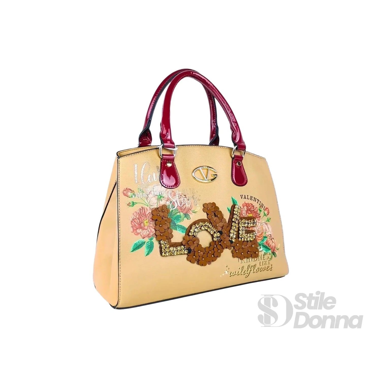 Valentini Borsa Tote in Ecopelle con Ricamo Floreale e Scritta Love in Paillettes
