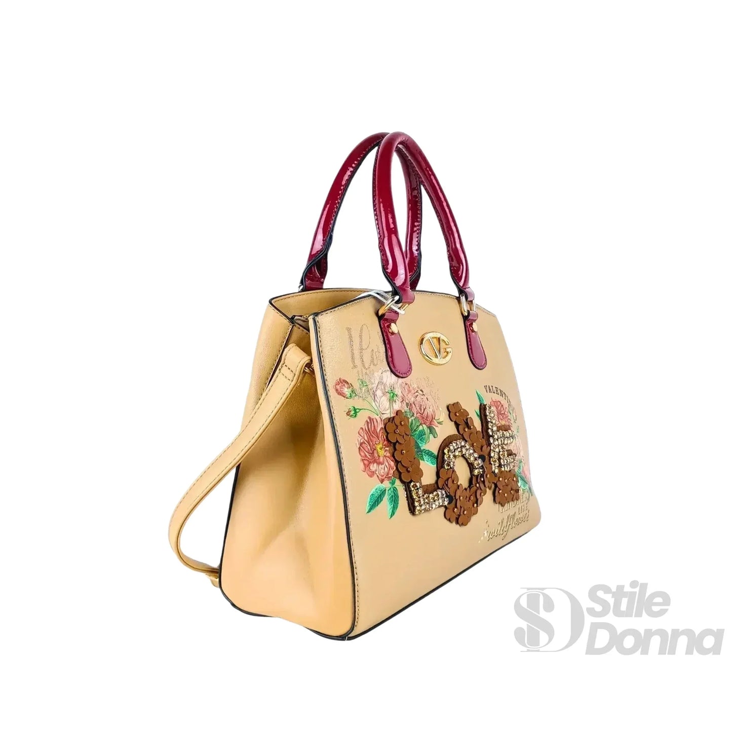Valentini Borsa Tote in Ecopelle con Ricamo Floreale e Scritta Love in Paillettes