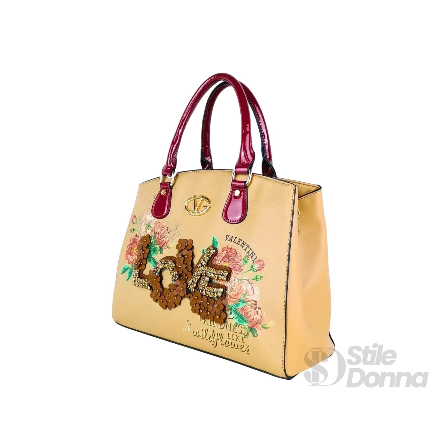 Valentini Borsa Tote in Ecopelle con Ricamo Floreale e Scritta Love in Paillettes