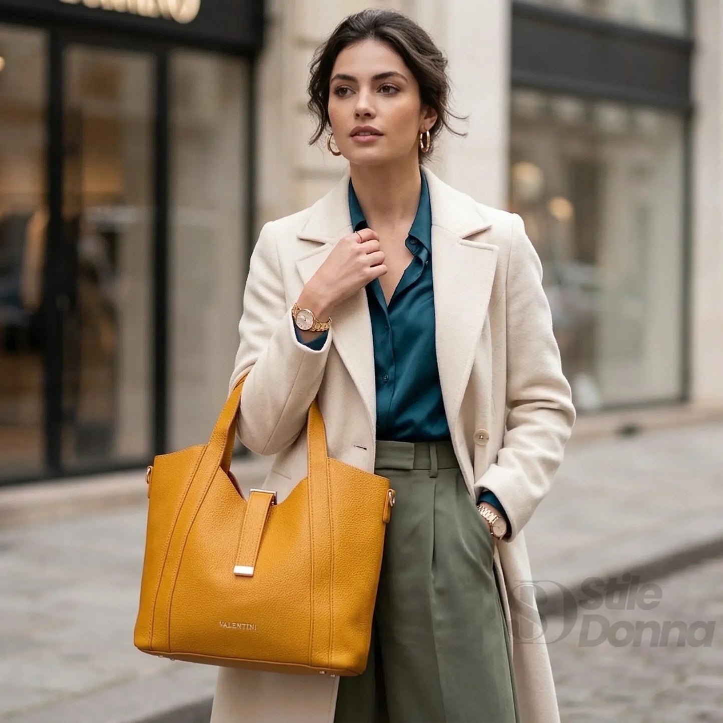 Valentini SIBI Borsa Tote in Ecopelle Sintetica Giallo con Finitura Color Oro