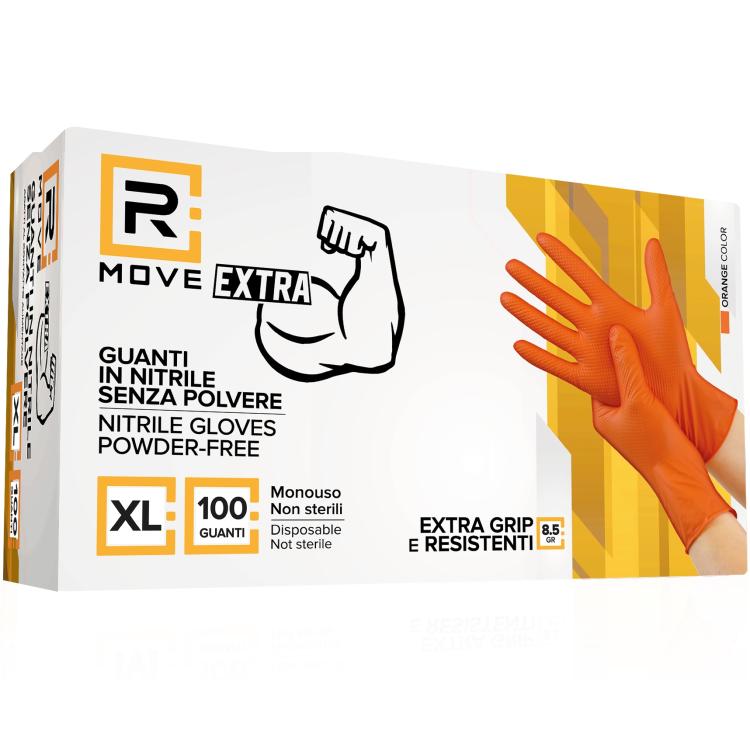 Rmove 100Pz 8.5Gr Da Lavoro Guanti Nitrile Arancione Senza Polvere Full Grip XL