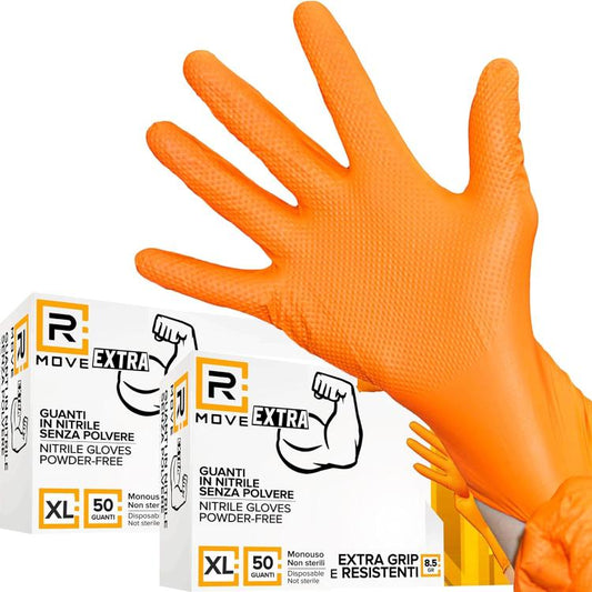 Rmove 100Pz 8.5Gr Da Lavoro Guanti Nitrile Arancione Senza Polvere Full Grip XL