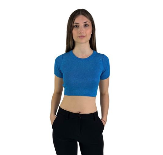 XT Studio Maglioncino corto da donna con delux e annodata sulla schiena. Colore ceruleo