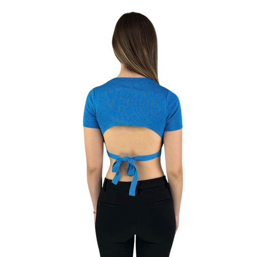 XT Studio Maglioncino corto da donna con delux e annodata sulla schiena. Colore ceruleo