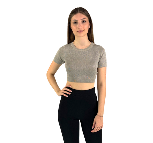 XT Studio Maglioncino corto da donna con delux e annodata sulla schiena. Colore nebbia