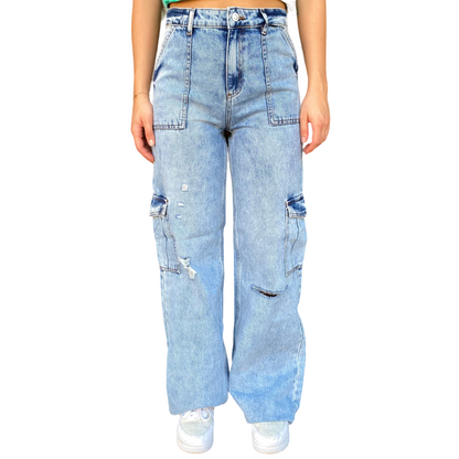 XT Studio pantalone in jeans largo con tasconi e rotture Flare blu chiaro