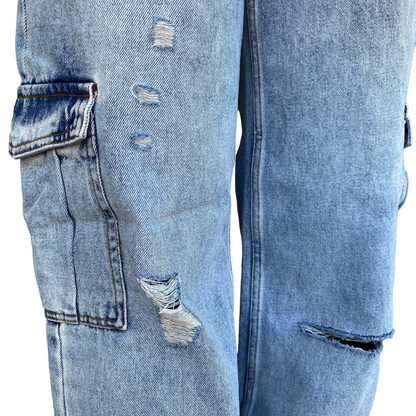 XT Studio pantalone in jeans largo con tasconi e rotture Flare blu chiaro