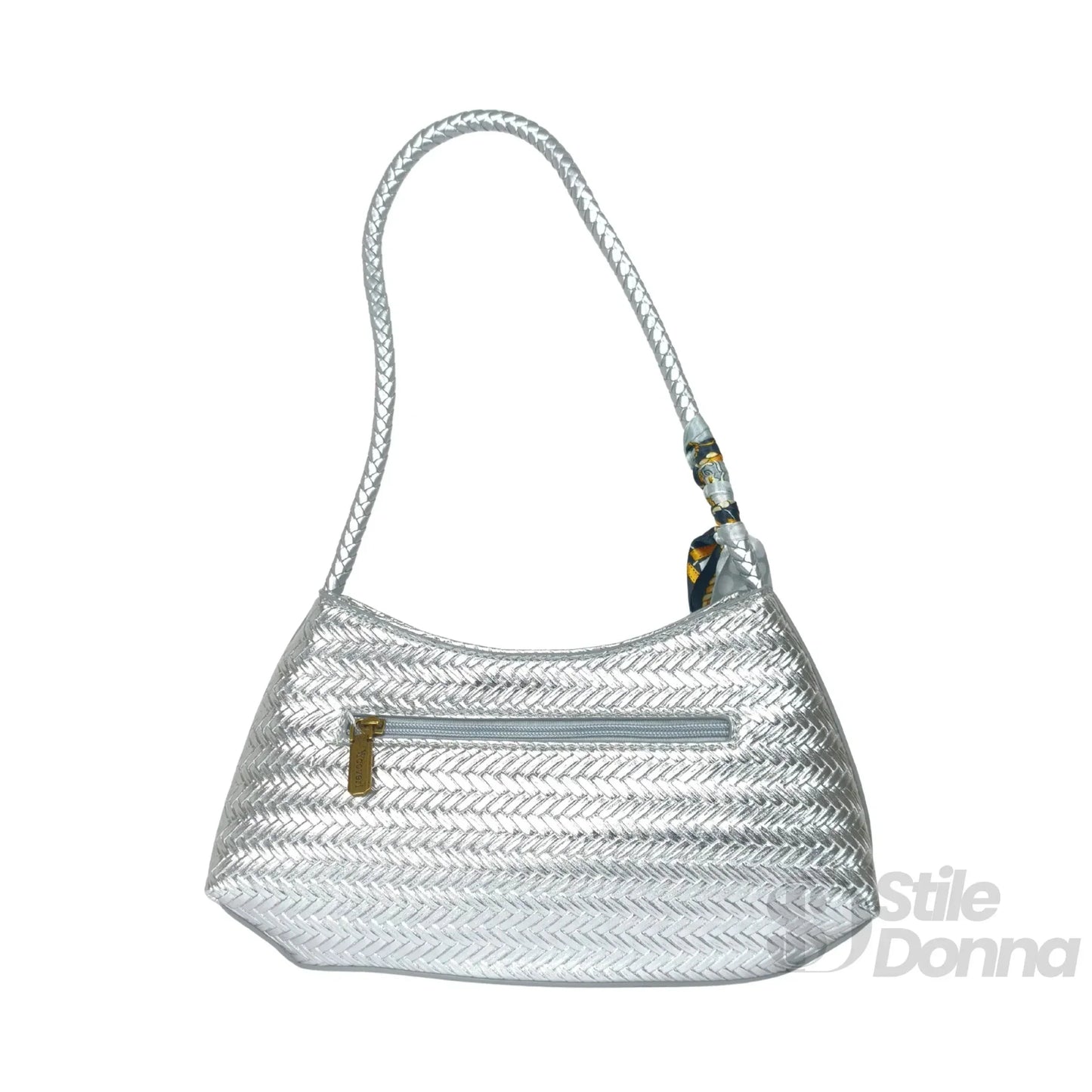 YY Coveri Borsa Intrecciata Argentata in Ecopelle con Sciarpa Decorativa