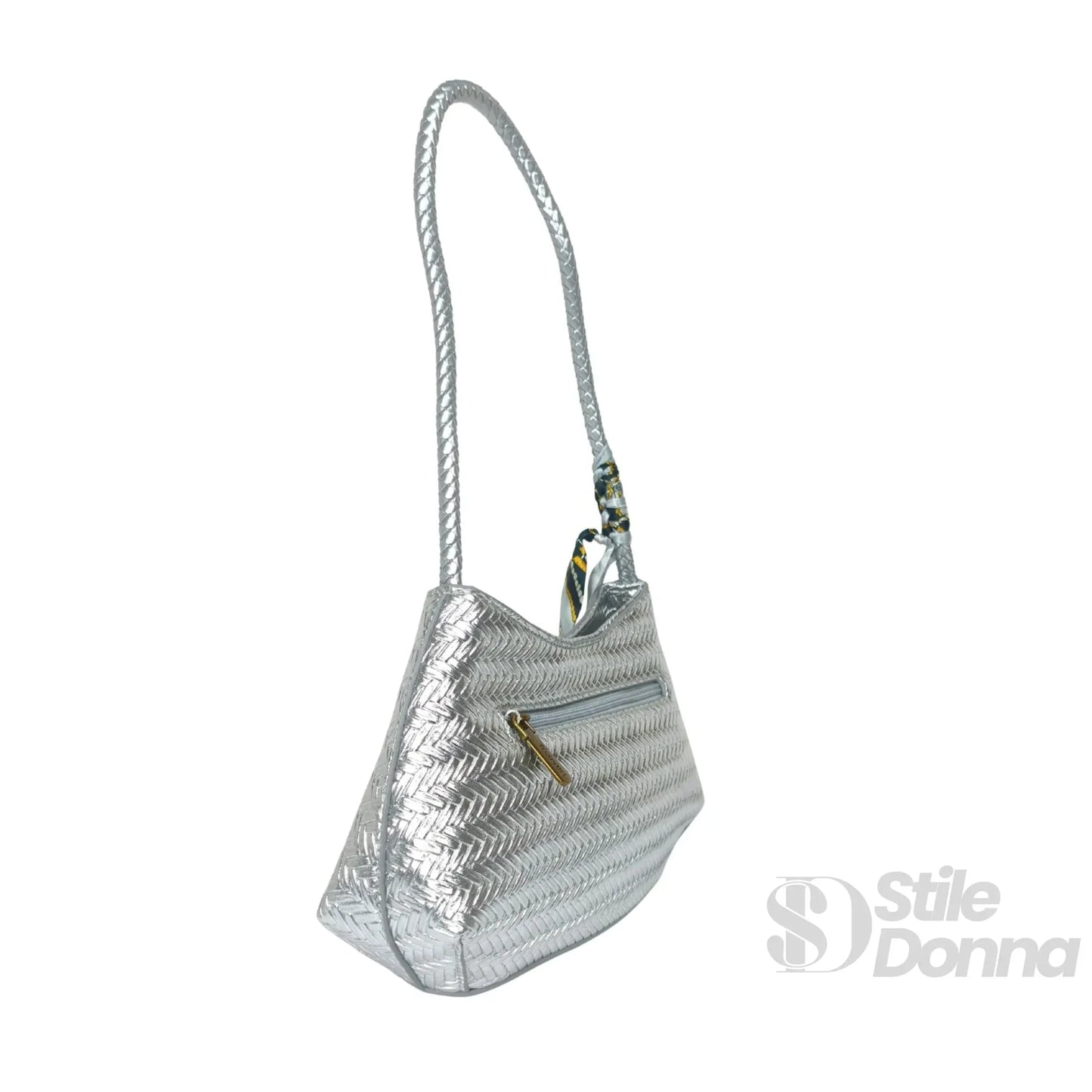 YY Coveri Borsa Intrecciata Argentata in Ecopelle con Sciarpa Decorativa