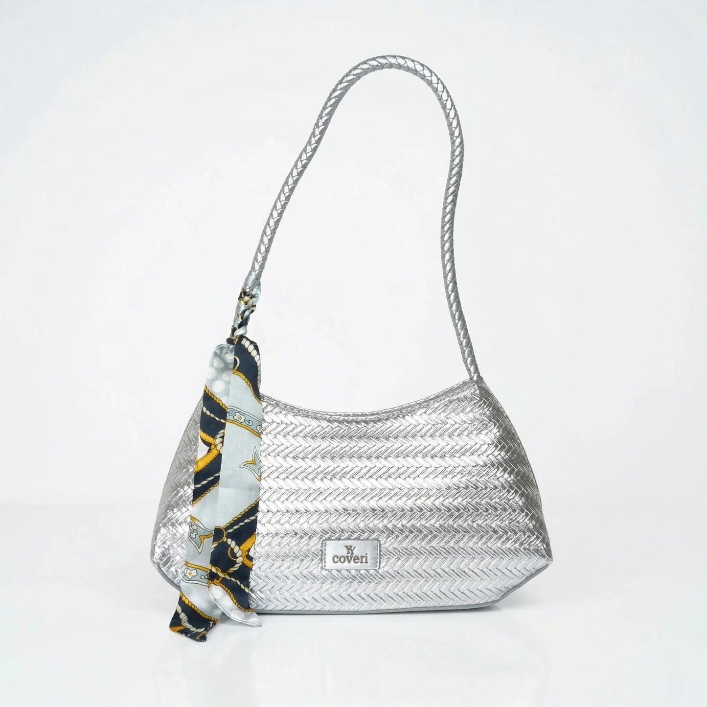 YY Coveri Borsa Intrecciata Argentata in Ecopelle con Sciarpa Decorativa