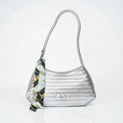 YY Coveri Borsa Intrecciata Argentata in Ecopelle con Sciarpa Decorativa