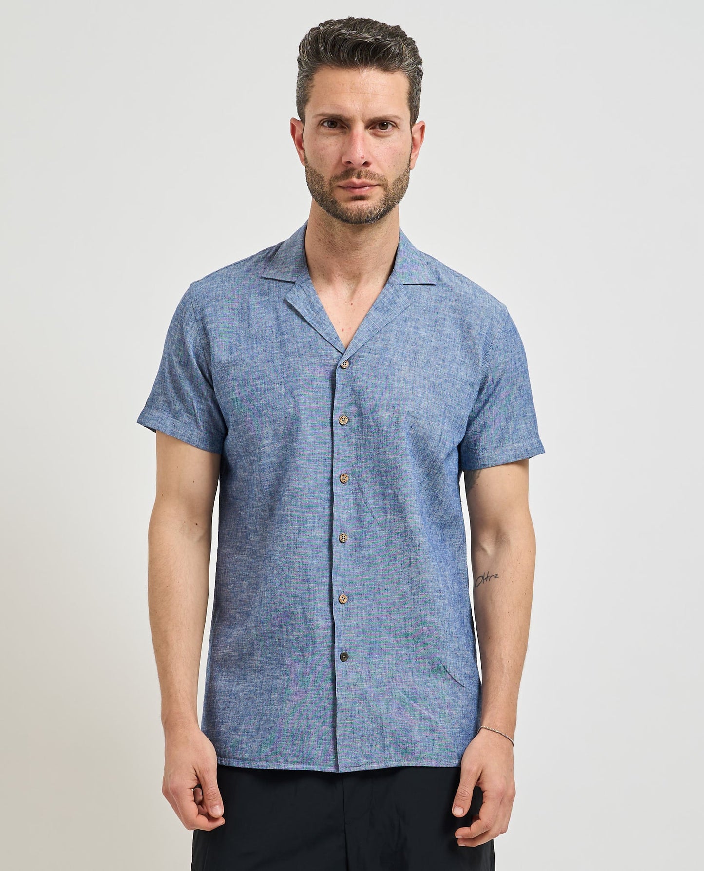 Yes Zee Camicia Bowling Uomo Manica Corta Misto Lino Blu - C715 UM00 0729