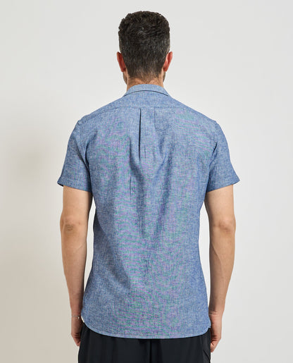 Yes Zee Camicia Bowling Uomo Manica Corta Misto Lino Blu - C715 UM00 0729