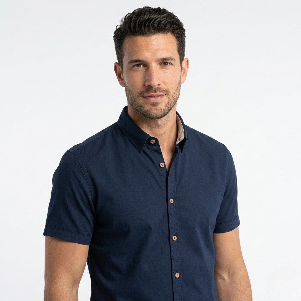 Yes Zee Camicia Uomo Manica Corta Misto Lino Blu - 0721 C721 UL00 0710