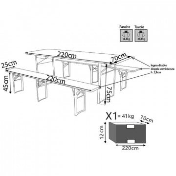 Set tavolo da birreria 220 x 70 con panca a 3 gambe