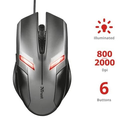 Trust Ziva Gaming Maus Optisch LED USB Schwarz 6 Tasten Präzision Spiel 2000 DPI