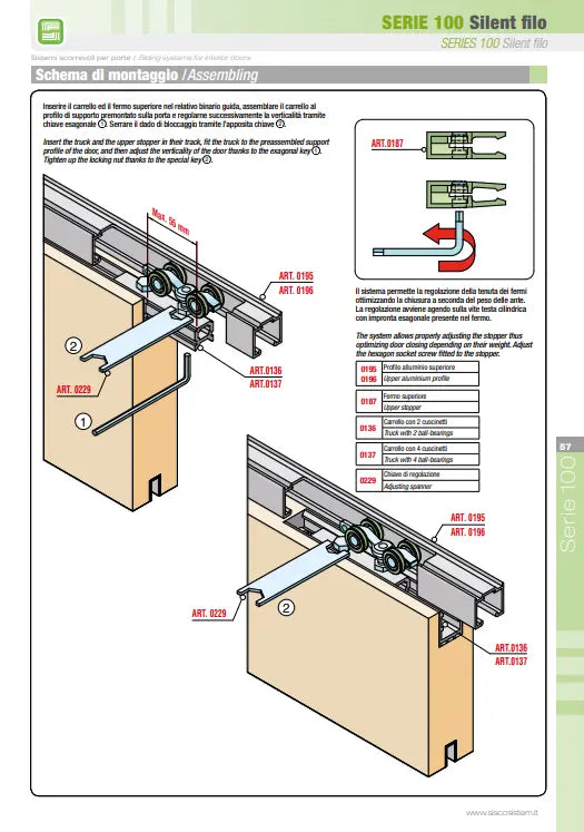 KIT SCORREVOLE PER PORTA AMMORTIZZATO PORTATA FINO A 80 KG CON BINARIO