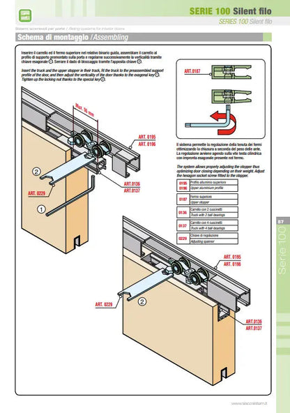 KIT SCORREVOLE PER PORTA AMMORTIZZATO PORTATA FINO A 80 KG CON BINARIO