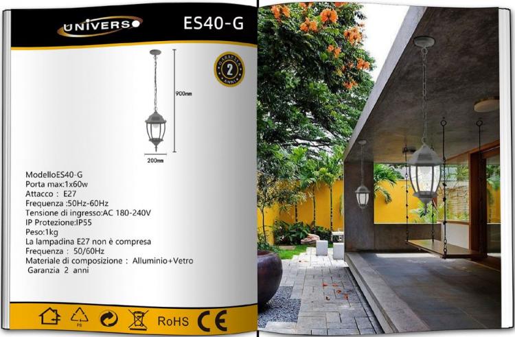 Hängelampe mit Kette, Deckenleuchte für den Garten, Fassung E27/Grau