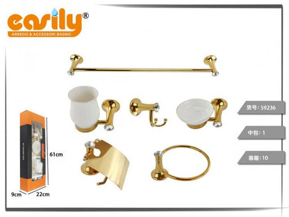 6-teiliges Badaccessoires-Set aus Goldstahl und weißer Keramik mit Acrylkristallen