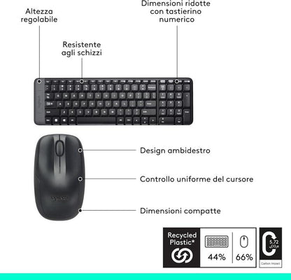Logitech Mk220 Kit Tastiera E Mouse Wireless Computer Pc Layaout Italiano Qwerty