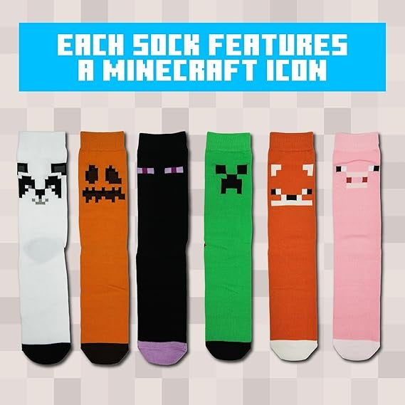 Paladone Minecraft Socken (6X Einzelne Socken) 3 Paar 36-41 Unisex Geschenkbox Verpackung