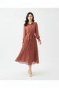 Women's Summer Polka Dot Long Dress with Belt and Lantern Sleeves