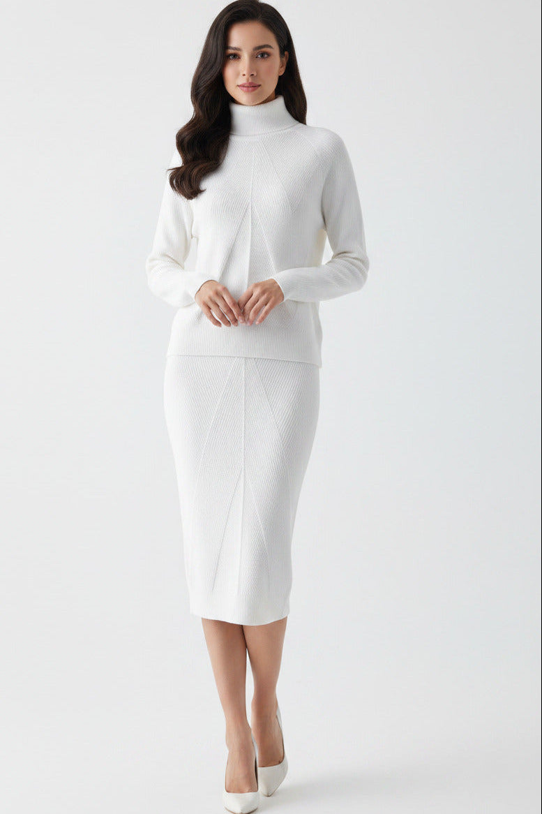 Completo Donna Due Pezzi Elegante con Maglione Collo Alto e Gonna Lunga