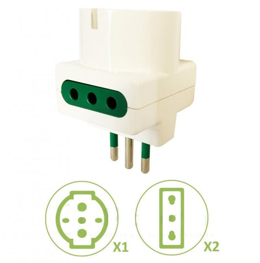 10pz ADATTATORE TRIPLA SPINA S11 P30 10A 2 PRESE BIPASSO 10/16A+ 1 SCHUKO 10/16A