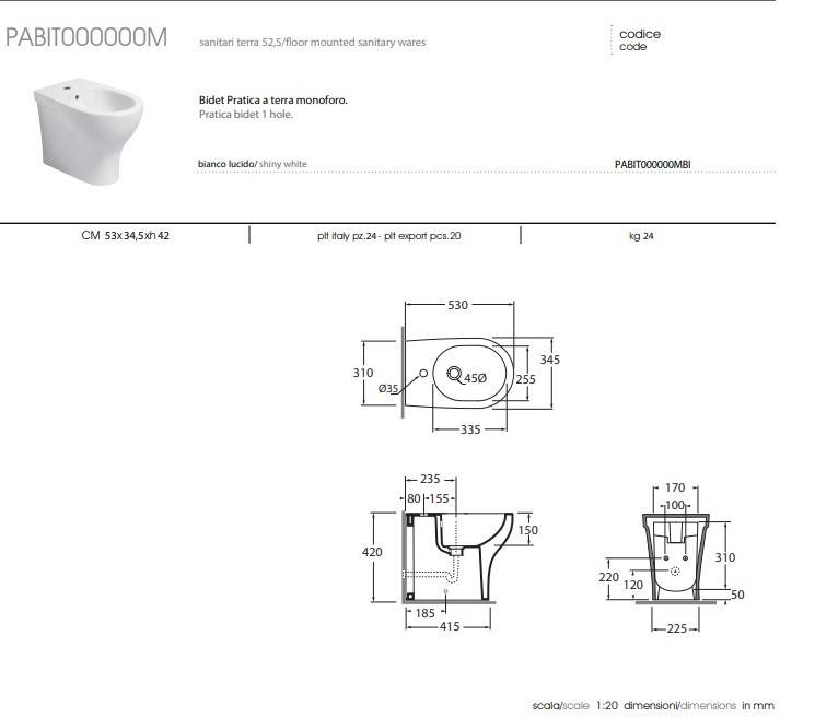 Bidet Filomuro Modello Pratika in Ceramica Bianca Lucida