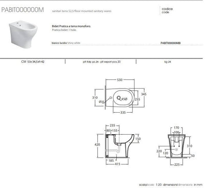 Bidet Filomuro Modello Pratika in Ceramica Bianca Lucida