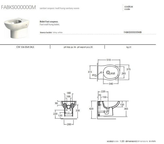 Bidet Sospeso Modello Fast in Ceramica Bianca Lucida