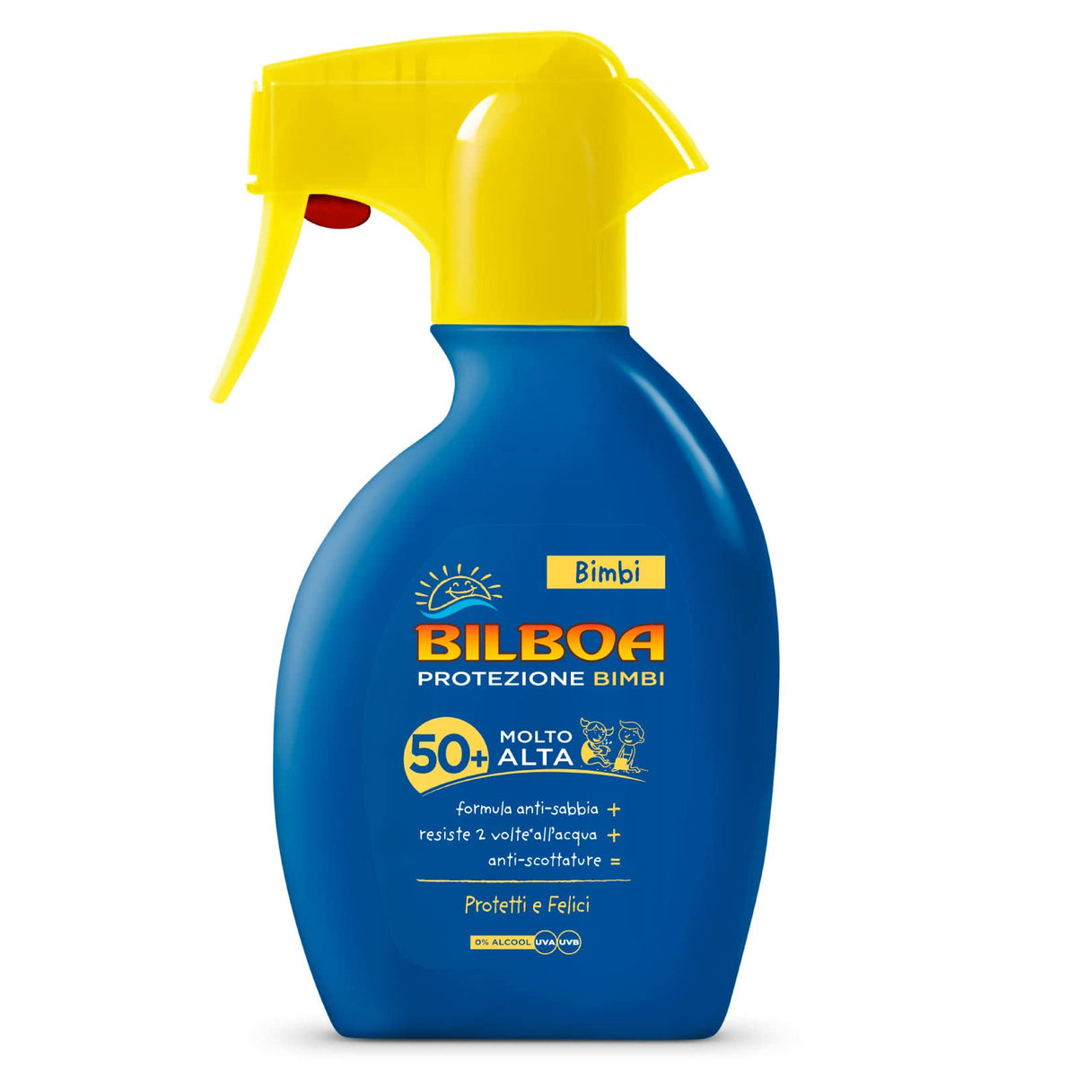 Bilboa Bimbi Trigger Solare 250ml – Spray Solare Bambini SPF30 SPF50+ Delicato Resistente Acqua