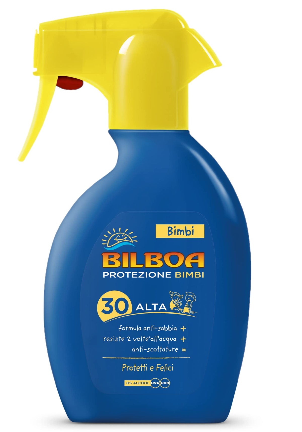 Bilboa Bimbi Trigger Solare 250ml – Spray Solare Bambini SPF30 SPF50+ Delicato Resistente Acqua