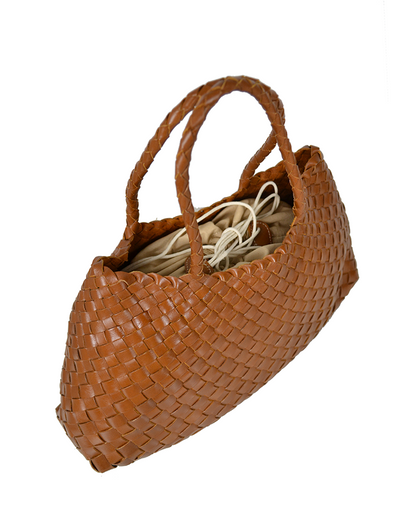 Elegant Woven Leather Handbag — Long Handles
