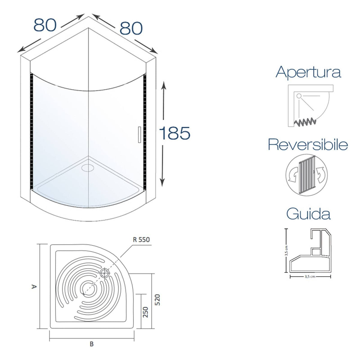 Giove semi-circular folding shower enclosure 80x80 cm in PVC — corner, Made in Italy