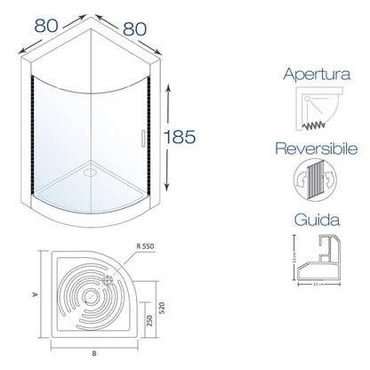 Giove semi-circular folding shower enclosure 80x80 cm in PVC — corner, Made in Italy