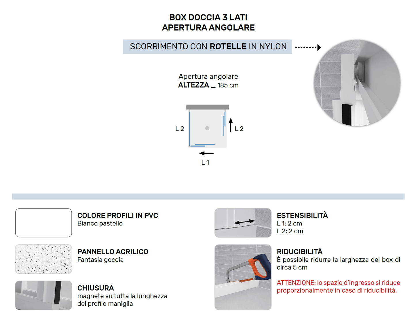 Box doccia Trifoglio 3 lati 70x90x70 cm apertura angolare