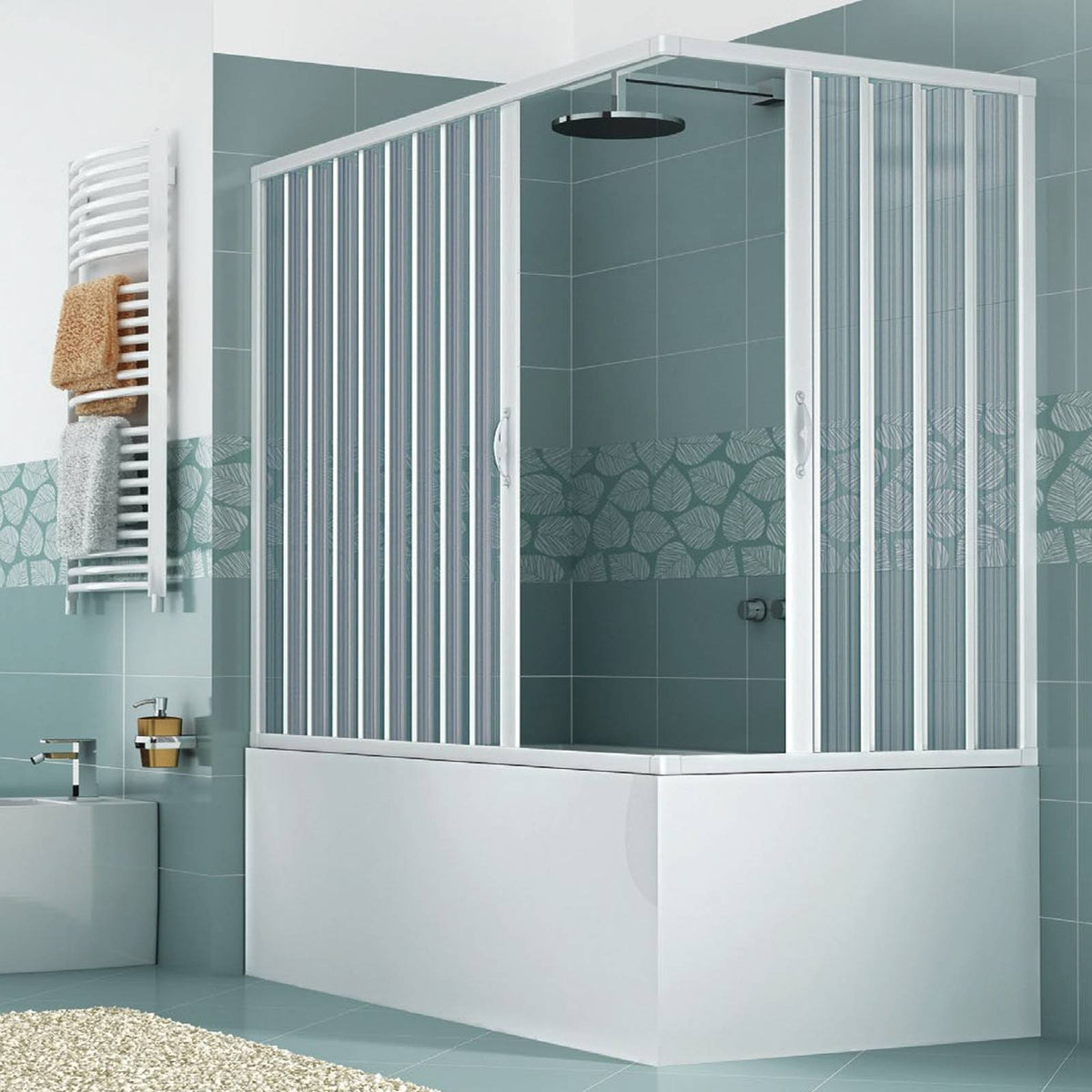 Galassia 70x160 cm corner folding PVC over-bath screen — 2-door, Made in Italy