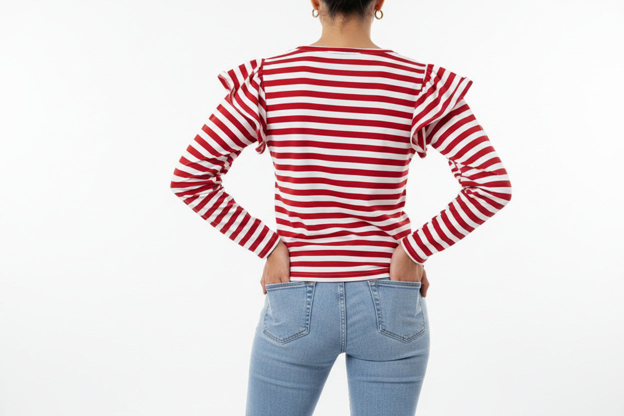 Maglietta Donna a Righe con Volant Elegante Manica Lunga