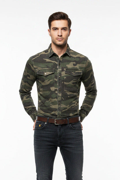 Camicia Uomo Slim Fit Stile Militare con Tasche Frontali