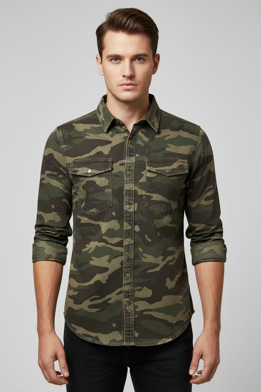 Camicia Uomo Slim Fit Stile Militare con Tasche Frontali