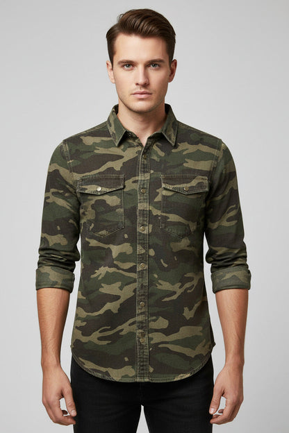 Camicia Uomo Slim Fit Stile Militare con Tasche Frontali