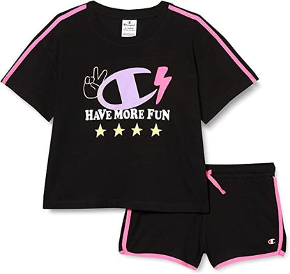 Champion Completo da bambina e ragazza Legacy Fun Club Thirt e Short 404678 KK001 NBK nero