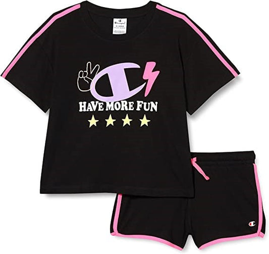 Champion Completo da bambina e ragazza Legacy Fun Club Thirt e Short 404678 KK001 NBK nero
