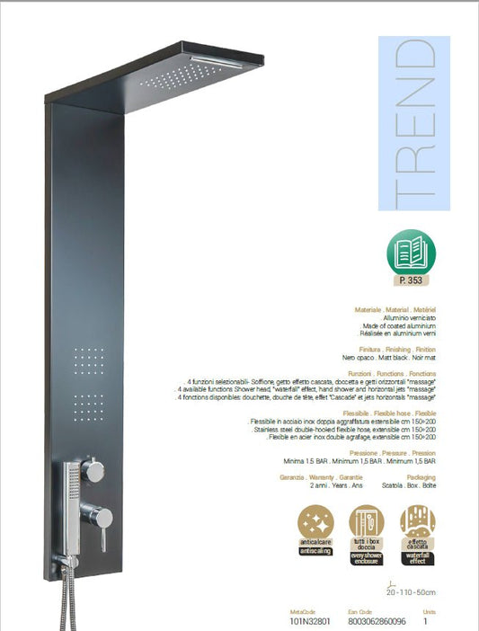 Colonna Doccia Idromassaggio Nero in Alluminio Mod. Trend Metaform
